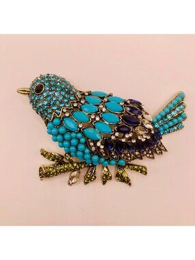 Large Rhinestone-Encrusted Blue Bird Brooch Pin Turquoise Blue Stones -43B